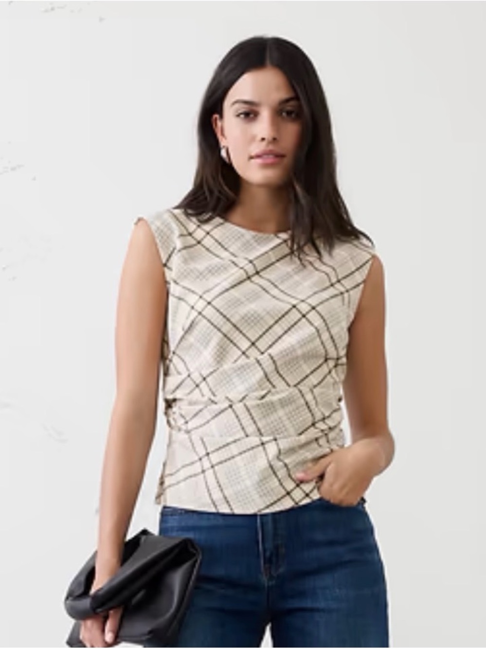 Sleeveless Plaid Twist-Front Top - Cream/Black